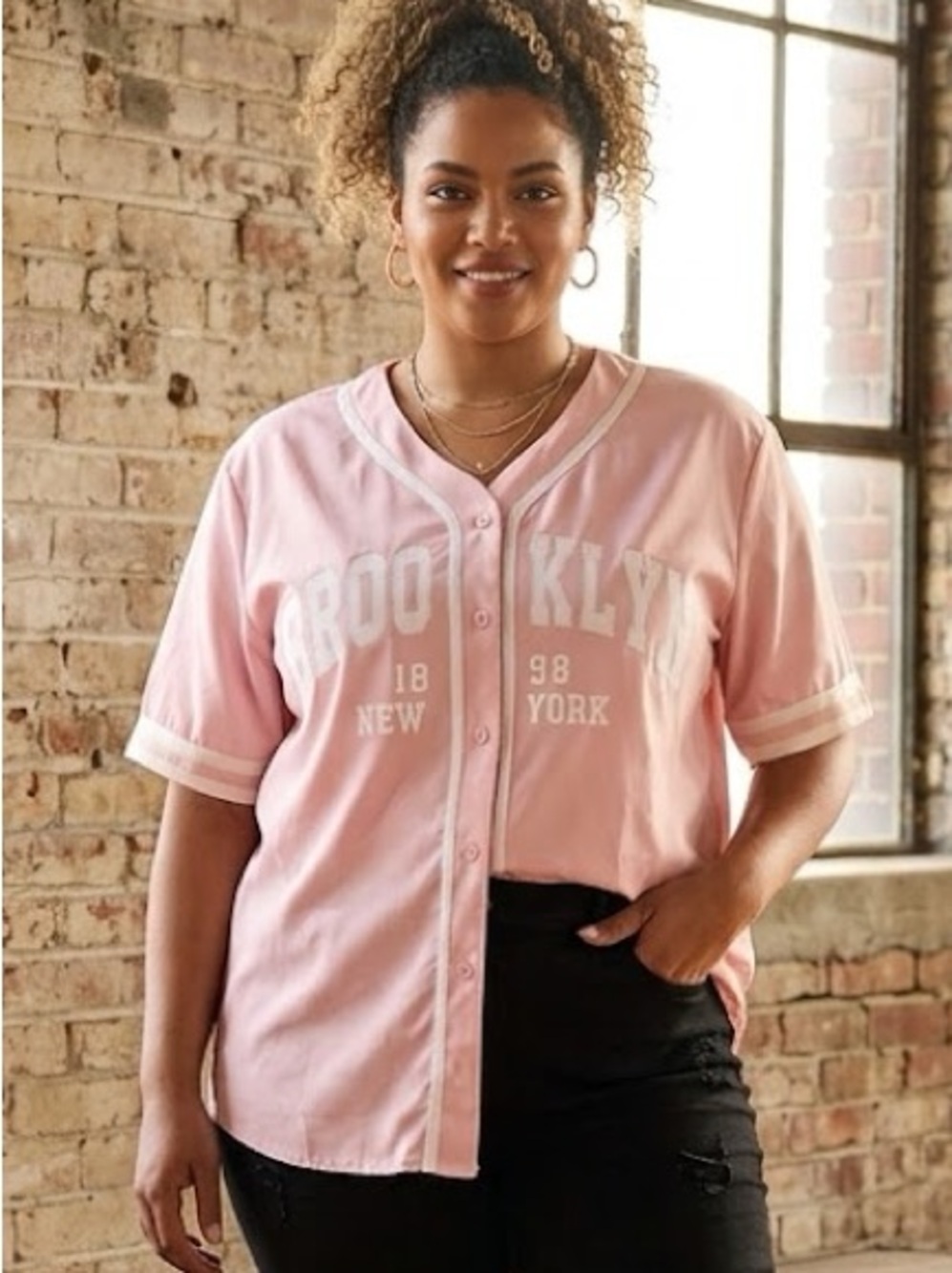 Shein Brooklyn Button Down Baseball Tee Pink